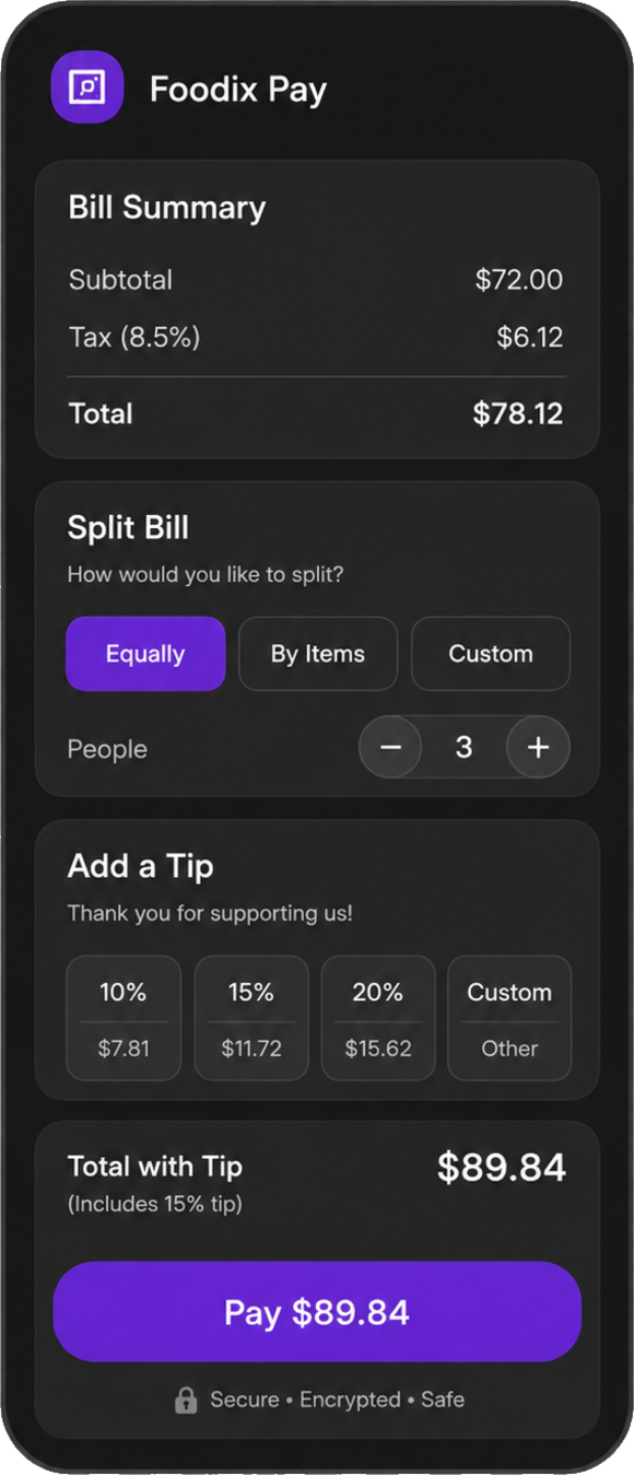 Foodix Pay screen with bill summary and a Pay button.