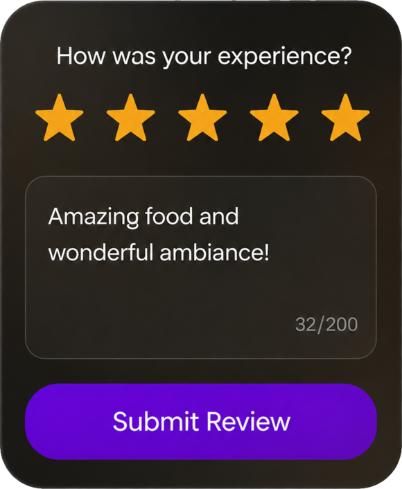 Foodix review screen with a five-star rating.
